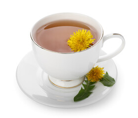Cup of healthy dandelion tea on white background