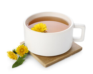 Cup of healthy dandelion tea on white background