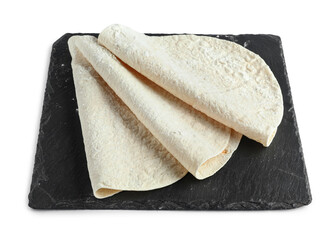 Board with thin lavash on white background