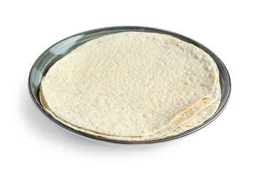 Plate with thin lavash on white background