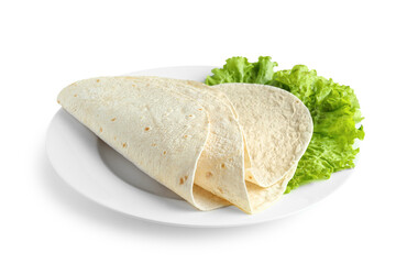 Plate with thin lavash and lettuce on white background