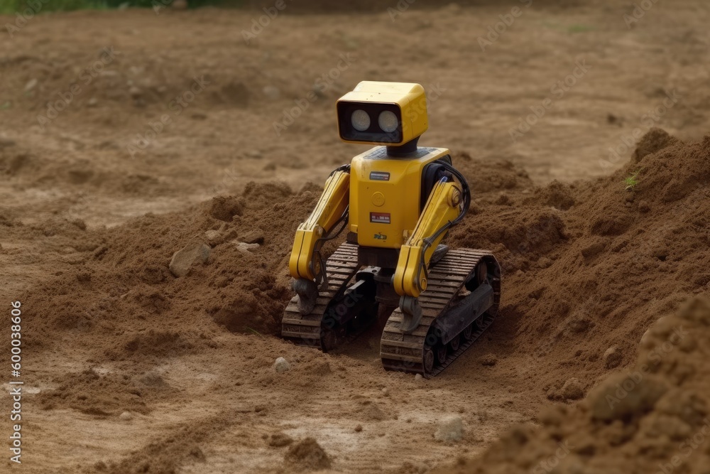 Poster robotic figure perched atop a heap of soil and debris generative ai