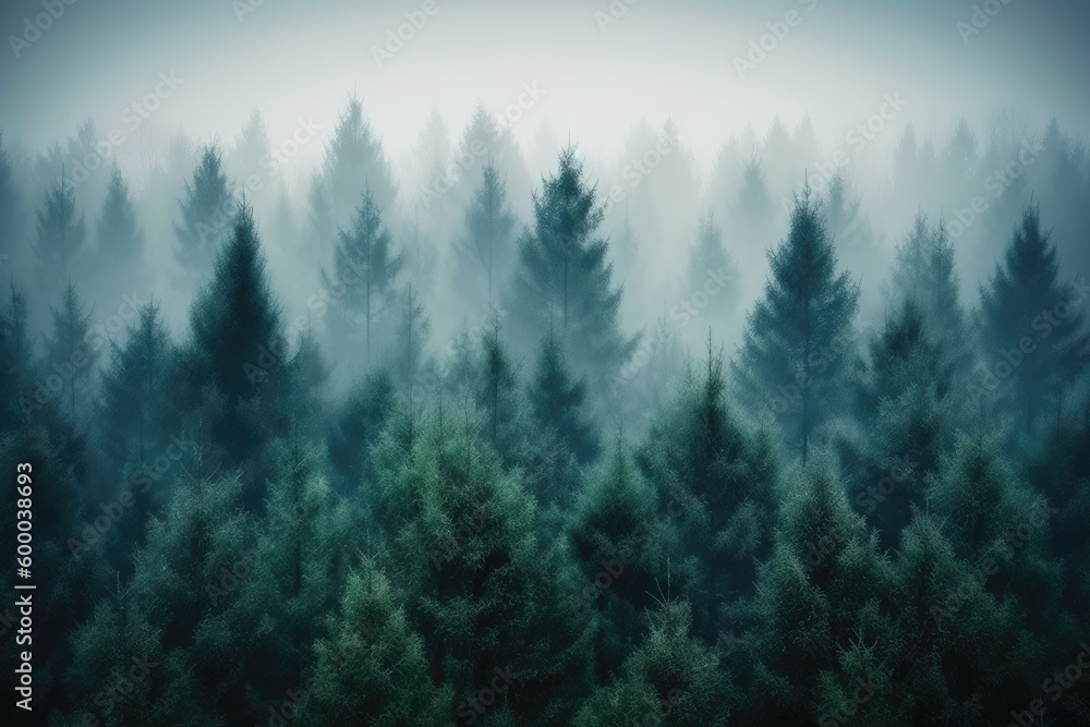 Poster misty forest with tall trees generative ai