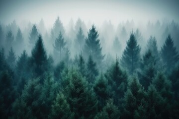 misty forest with tall trees Generative AI