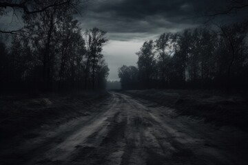 dimly lit dirt road winding through an eerie forest Generative AI