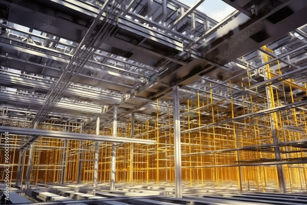Poster spacious industrial hall with numerous metal beams arranged in a grid pattern generative ai