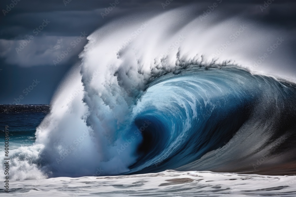 Poster powerful ocean wave crashing under cloudy skies generative ai
