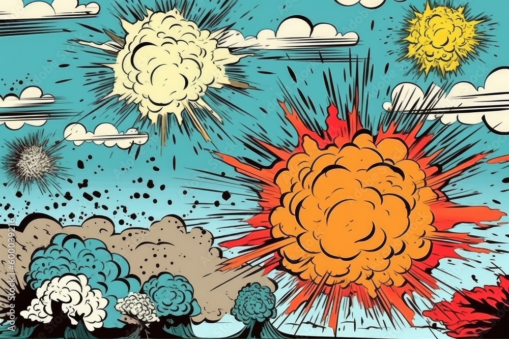 Aufkleber colorful cartoon explosion with clouds and suns in the background generative ai