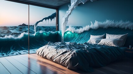 Bedroom melting into the ocean | 4k | 3D rendering | Created with generative ai