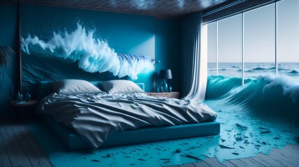 Bedroom melting into the ocean | 4k | 3D rendering | Created with generative ai