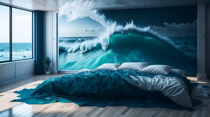 Bedroom melting into the ocean | 4k | 3D rendering | Created with generative ai