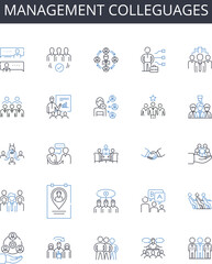 Management colleguages line icons collection. Business partners, Sales associates, Finance experts, Marketing professionals, Administrative assistants, Human resources, Customer support vector and