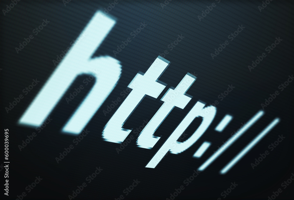 Poster computer, screen and http search close up, networking and connectivity with internet access on compu