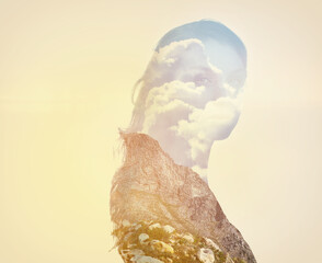 Woman, nature and double exposure in portrait with mountain, clouds or sky background on adventure....