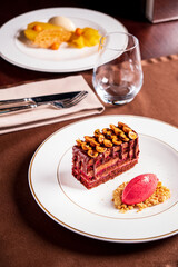 pastry with hazelnut and berry sorbet