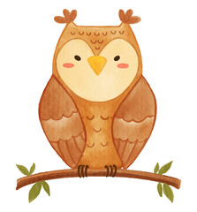 Owl bird . Watercolor paint design . Cute animal cartoon character . Vector .