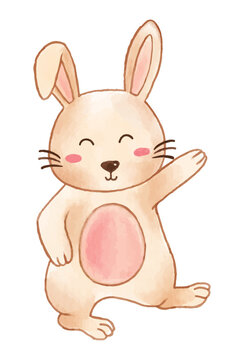 Rabbit is standing and raising hand . Watercolor paint design . Cute animal cartoon character . Vector .