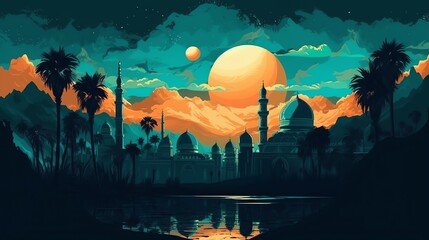 A colorful illustration of a city with a moon and mountains in the background.