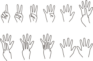 1から10までを表したリアルな手の線画イラストセット