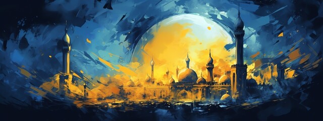 A painting of a moonlit mosque with the moon in the background.