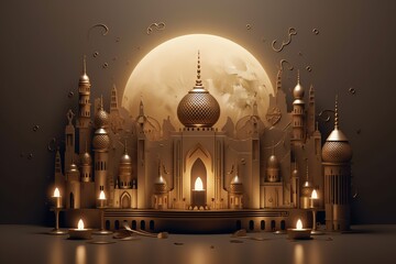 A 3d illustration of a mosque with the moon in the background.