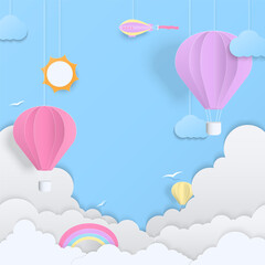 Pastel hot air balloon and cloud on blue background