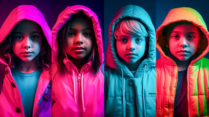 Portraits of cute funny children of various nationalities with emotions on faces in neon light. Fashionable guys in hoods. Generative AI. High quality illustration