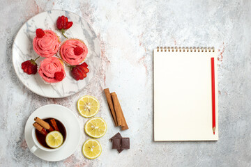 top view pink strawberry cakes with fresh red strawberries on the white background biscuit sugar cookie sweet cake tea