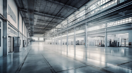 Obraz premium Modern industrial interior. Factory building. Construction line, structures and industrial lines for equipment and machines. Generative AI. . High quality illustration