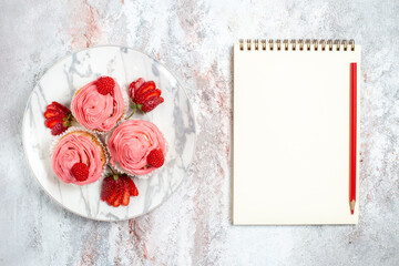 top view pink strawberry cakes with fresh red strawberries on white background fruits cake biscuit sweet tea cookie