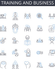 Training and business line icons collection. Learning and commerce, Instruction and industry, Education and enterprise, Coaching and trade, Teaching and economy, Tutoring and market, Guidance and