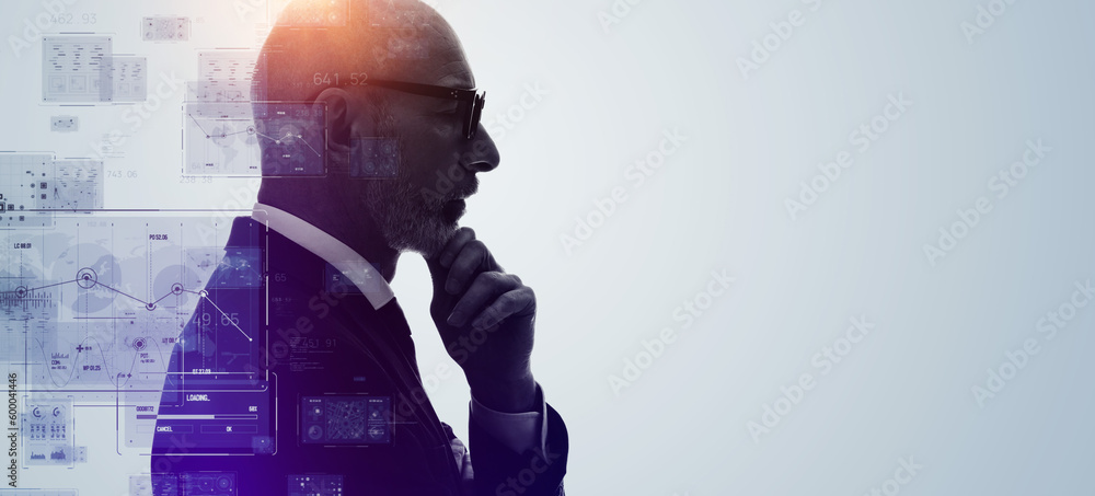 Aufkleber executive man and data technology concept. wide angle visual for banners or advertisements.