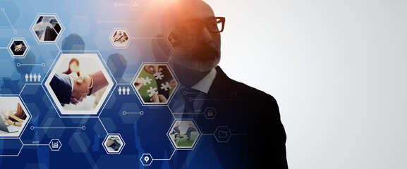 Executive man and business strategy concept. Wide angle visual for banners or advertisements.