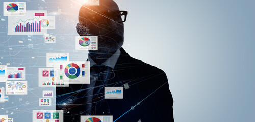 Executive man and data technology concept. Wide angle visual for banners or advertisements.