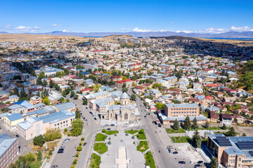 Aerial view of central part of Gavar town on sunny summer day. Gegharkunik Province, Armenia.