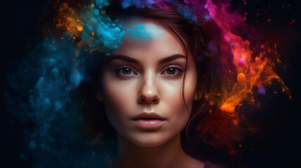 beautiful fantasy abstract portrait of a beautiful woman double exposure with a colorful digital paint splash or space nebula