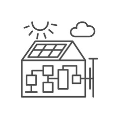 Solar power system related vector linear icon. Ecological power generation. Electricity supply. Vector outline illustration Isolated on white background. Editable stroke