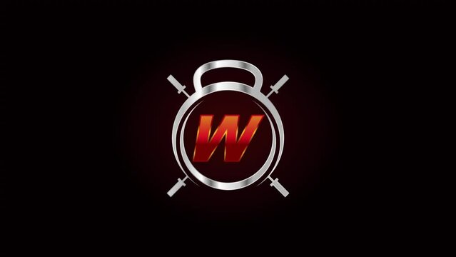 Dynamic Fitness Logo Animation Presenting Letter W with Kettlebell Silhouette on Dark Backdrop