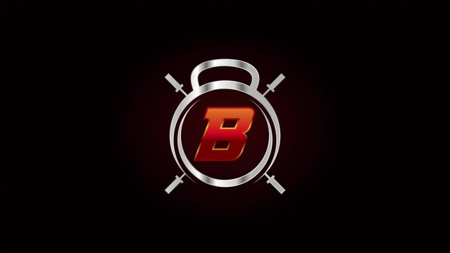 Silver Kettlebell and Letter B Logo Animation with Two Cross Swords against a Black Background