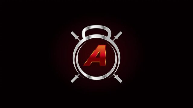 Silver Kettlebell and Letter A Logo Animation with Two Cross Swords against a Black Background
