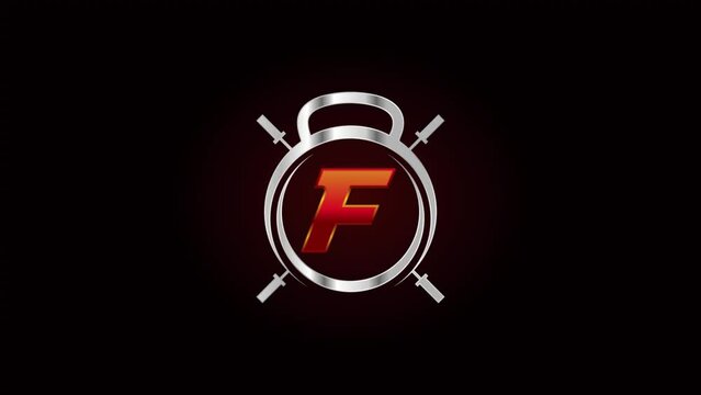 Dynamic Fitness Logo Animation Featuring Kettlebell Barbell and Bold Letter F on Dark Background