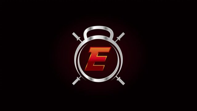 English alphabet E with gym and fitness sign logo video animation
