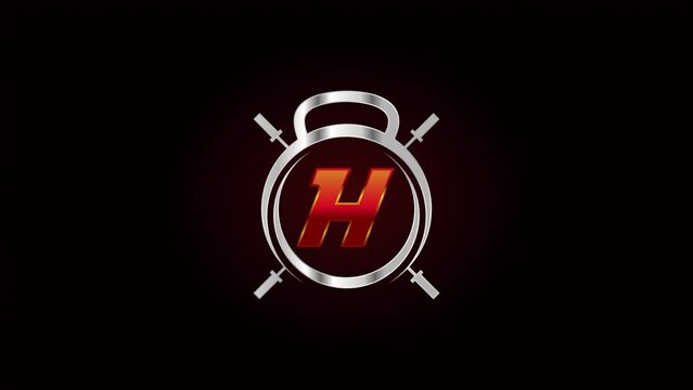 Dynamic Kettlebell Logo Animation Reveals 'H' on Black Backdrop with Red Center & Silver Accents