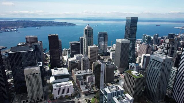 Aerial Pan of Building Tops with Seattle Waterfront