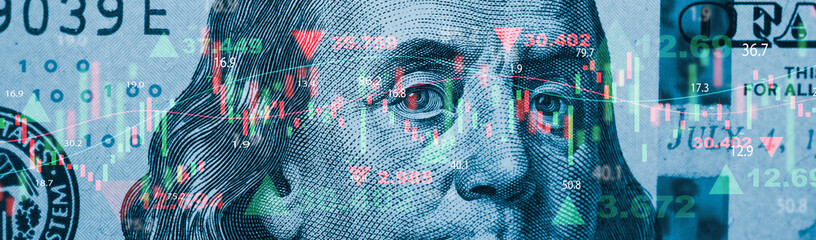 Closeup Benjamin Franklin face on USD banknote with stock market chart graph for currency exchange and global trade forex concept. - obrazy, fototapety, plakaty
