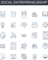 Social entrepreneurship line icons collection. Sustainable business, Environmental conservation, Community development, Corporate social responsibility, Public service, Humanitarian aid, Responsible