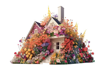 Small house overflowing with a lot of flowers, very beautiful isolated objects, design elements PNG