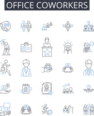 Office coworkers line icons collection. Work colleagues, Desk mates, Job partners, Employment buddies, Business associates, Professional acquaintances, Office friends vector and linear illustration