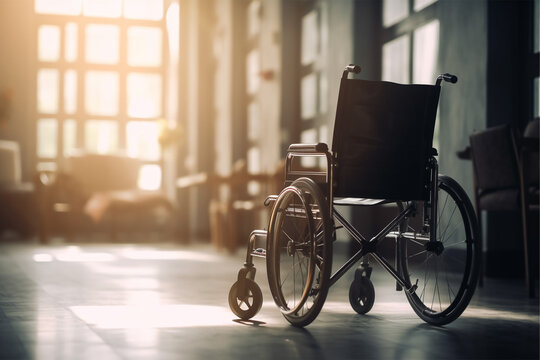 Wheelchair on blurred abstract background moving in hospital, Generative ai