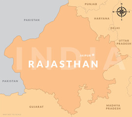 State of Rajasthan India with capital city Jaipur hand drawn map